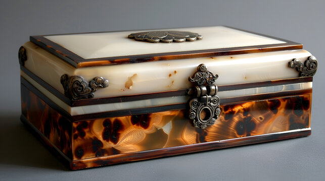 Ivory and Tortoise Shell Jewelry Box for Design Projects, Vintage Decorative Box, Antique Storage, Luxury Ornamental Container, Generative AI

