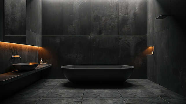 Fototapeta A dark minimalist bathroom with a sleek bathroom