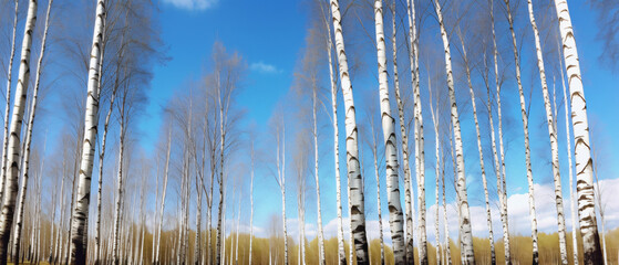 birch grove in early spring against the blue sky