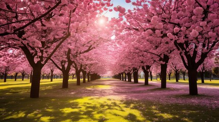 Rows of cherry trees in full bloom, creating a picturesque scene on a verdant lawn.