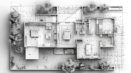Architecture Blueprint House Plan Vector Illustration, Generative Ai