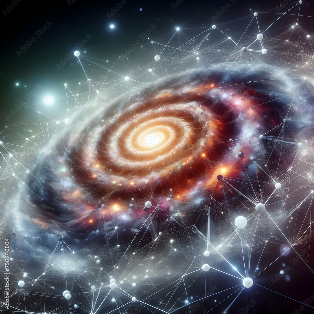 Poster hyper realistic galactic network concept a depiction of interconnected nodes superimposed on a spira