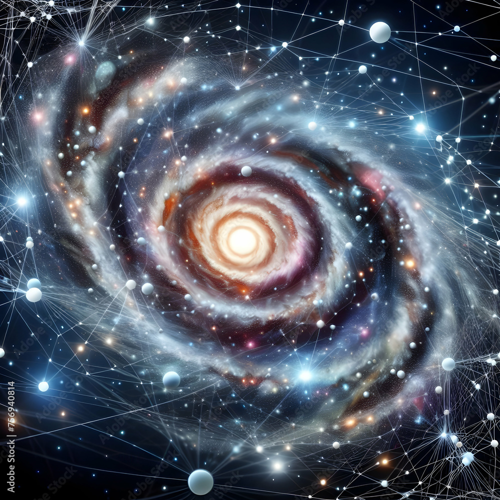Poster hyper realistic galactic network concept a depiction of interconnected nodes superimposed on a spira