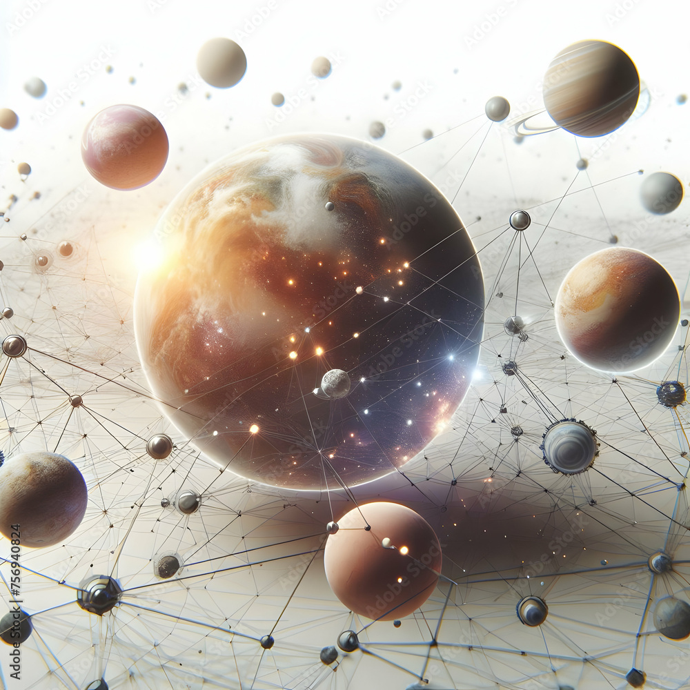 Poster hyper realistic interplanetary network concept planets connected by a digital network of lines and n