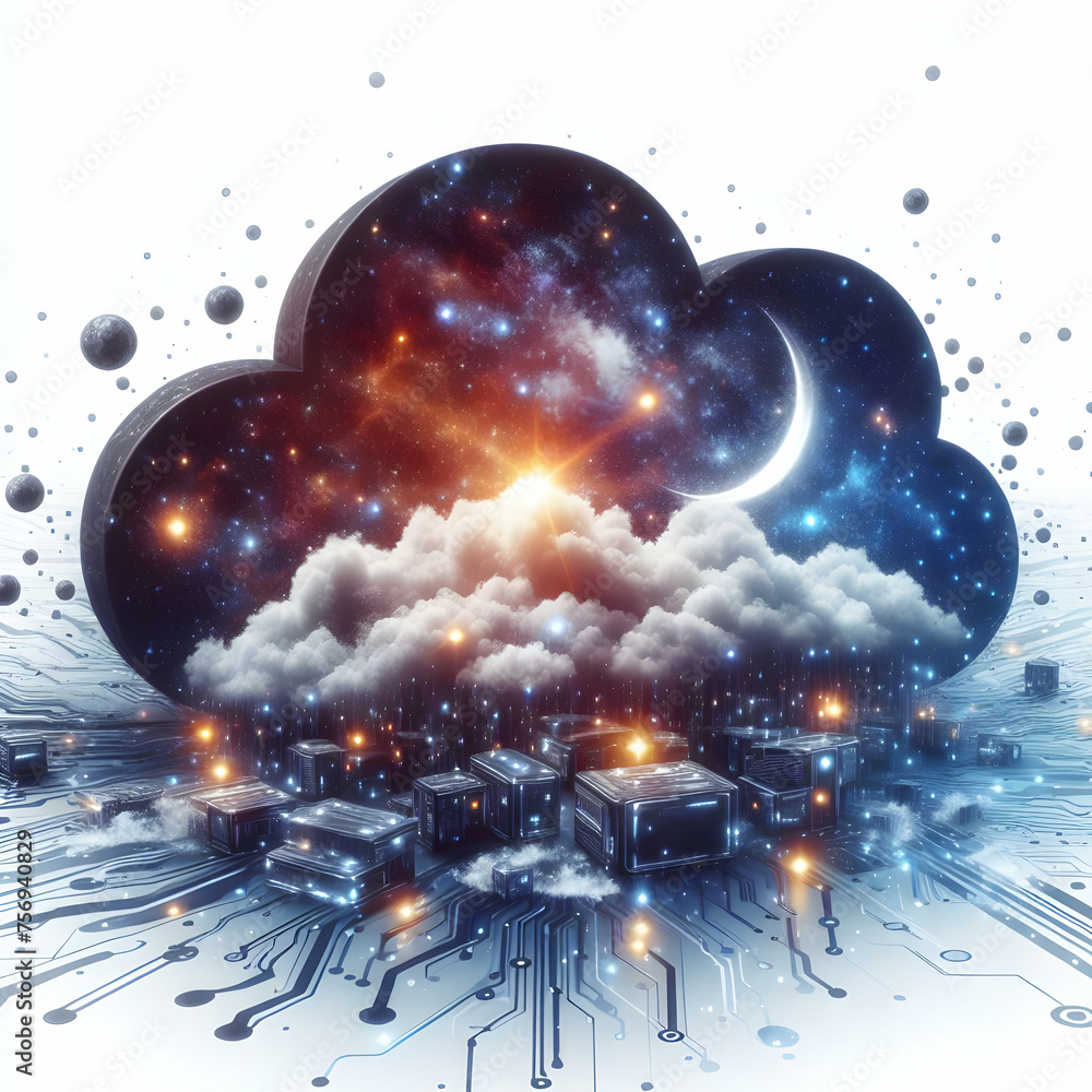 Fototapete hyper realistic interstellar cloud computing concept clouds forming shapes of tech devices amidst st