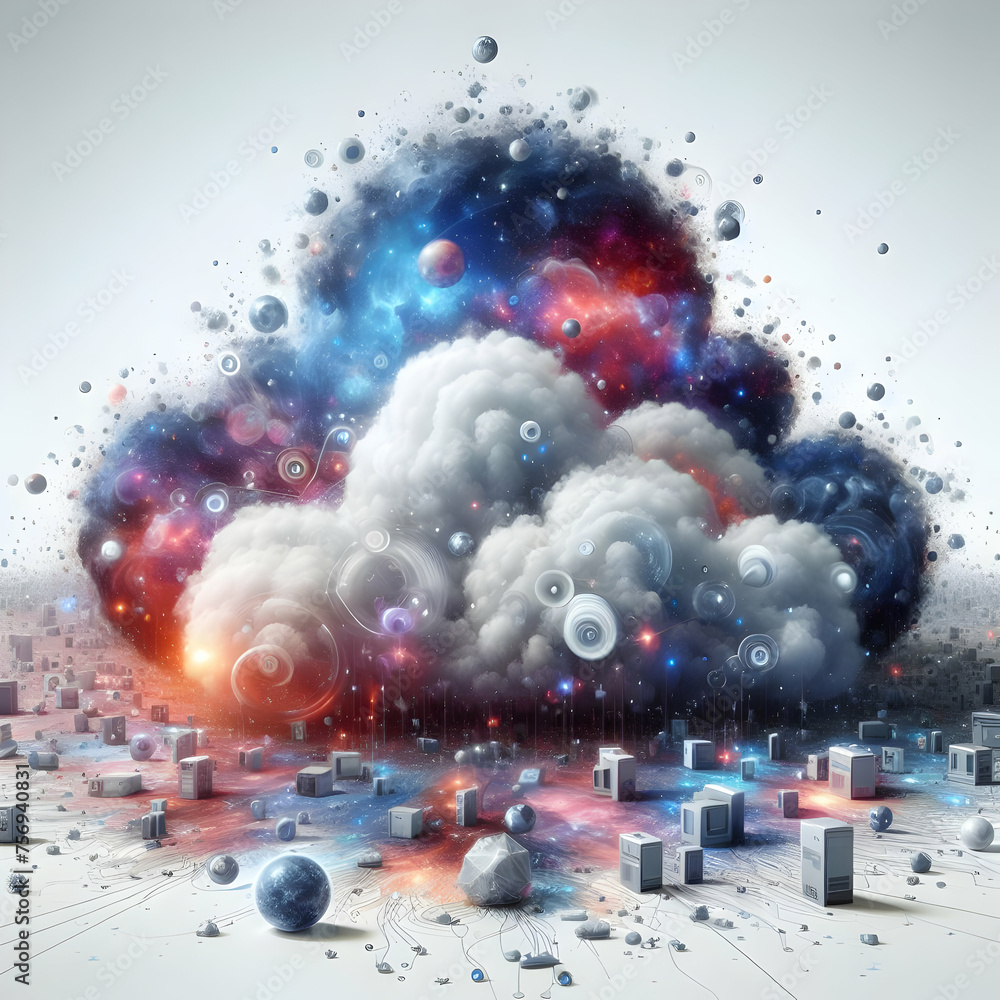 Poster hyper realistic interstellar cloud computing concept clouds forming shapes of tech devices amidst st