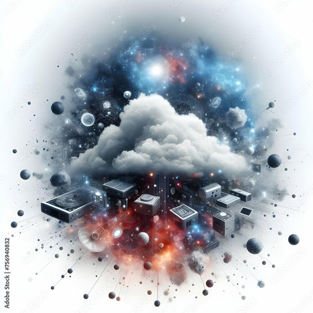 Poster hyper realistic interstellar cloud computing concept clouds forming shapes of tech devices amidst st