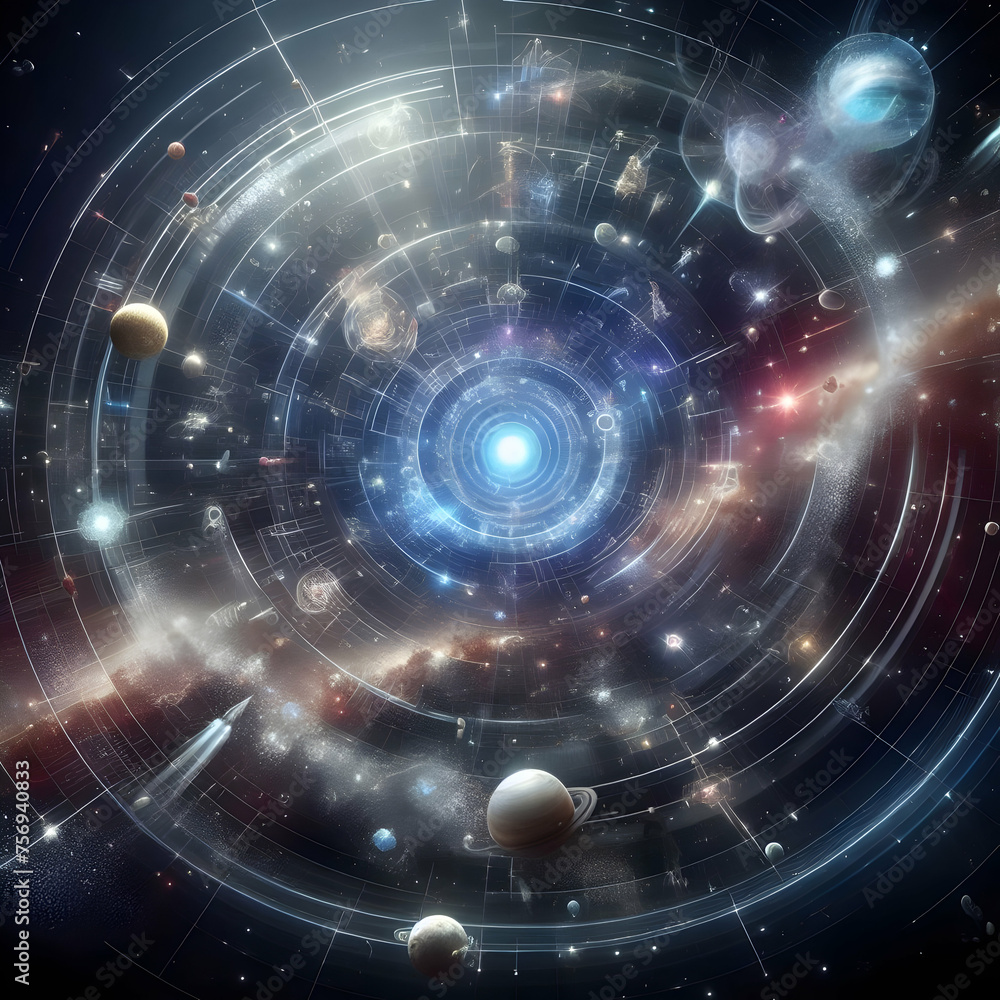Poster hyper realistic interstellar data transfer concept visualizing data transfer between stars and galax