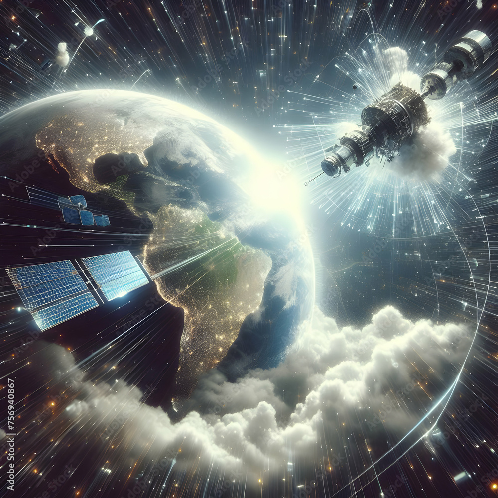 Aufkleber hyper realistic orbiting information concept satellites orbiting earth beaming down information stre