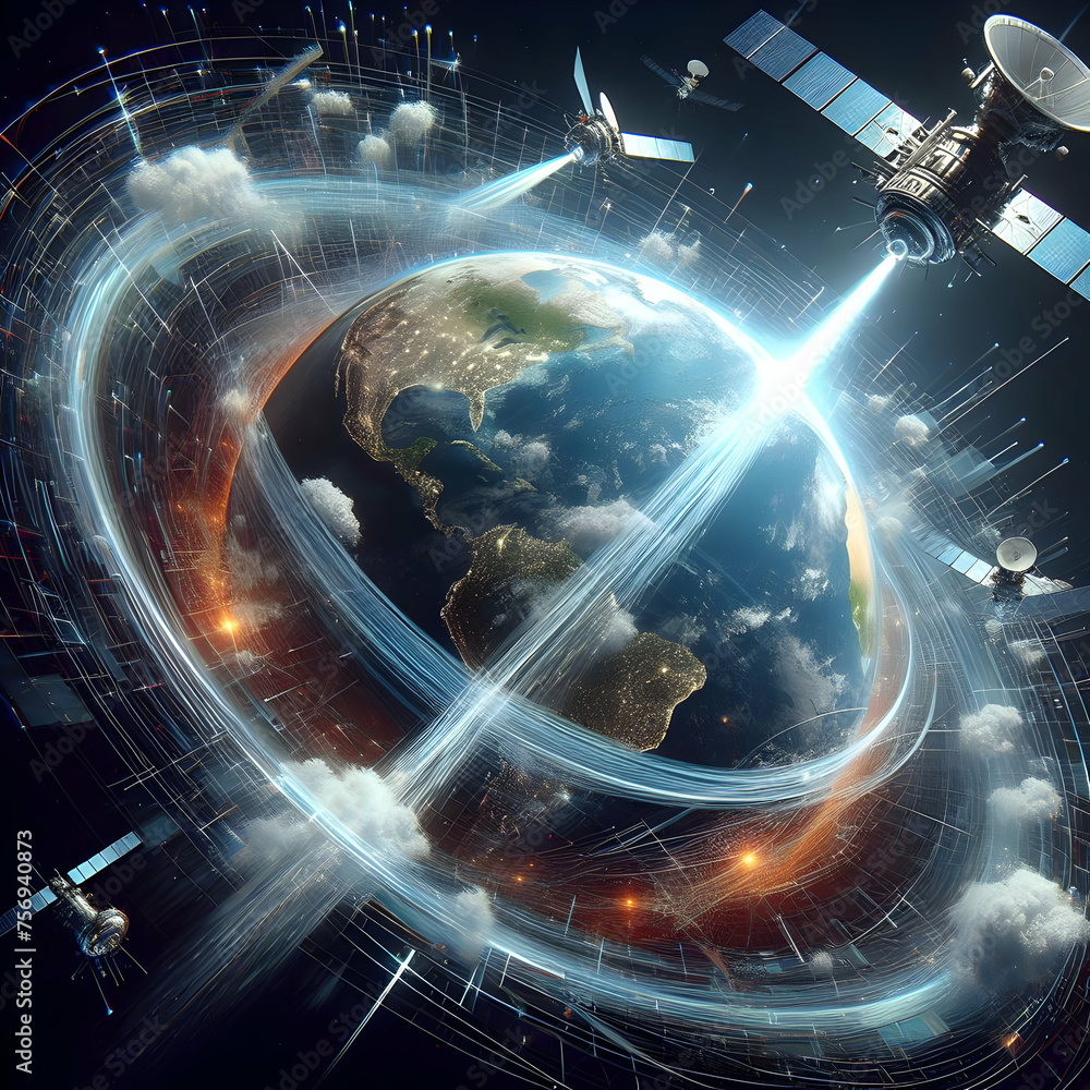 Aufkleber hyper realistic orbiting information concept satellites orbiting earth beaming down information stre