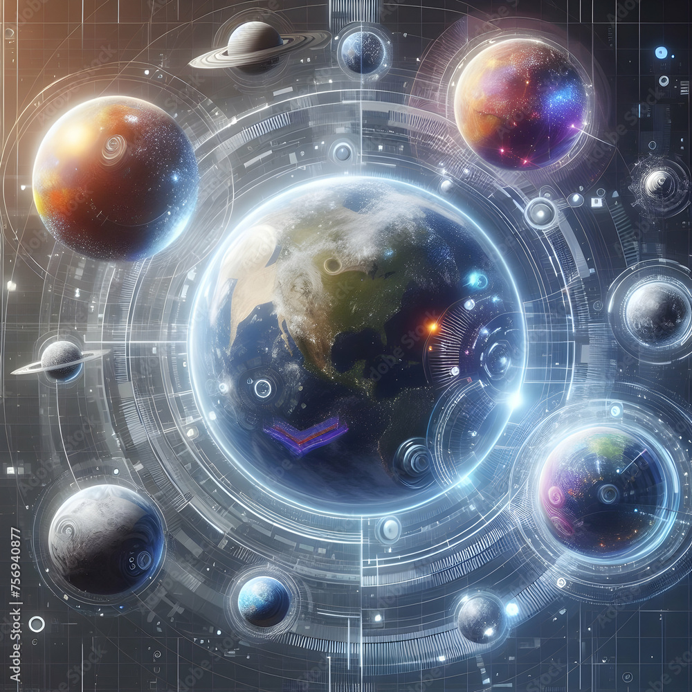 Poster hyper realistic planetary data orbs concept spheres representing different planets with data visuali