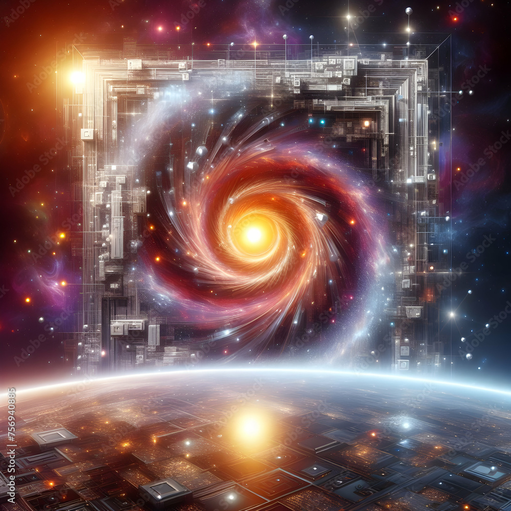 Poster hyper realistic quantum computing cosmos concept quantum bits represented in a cosmic setting with w