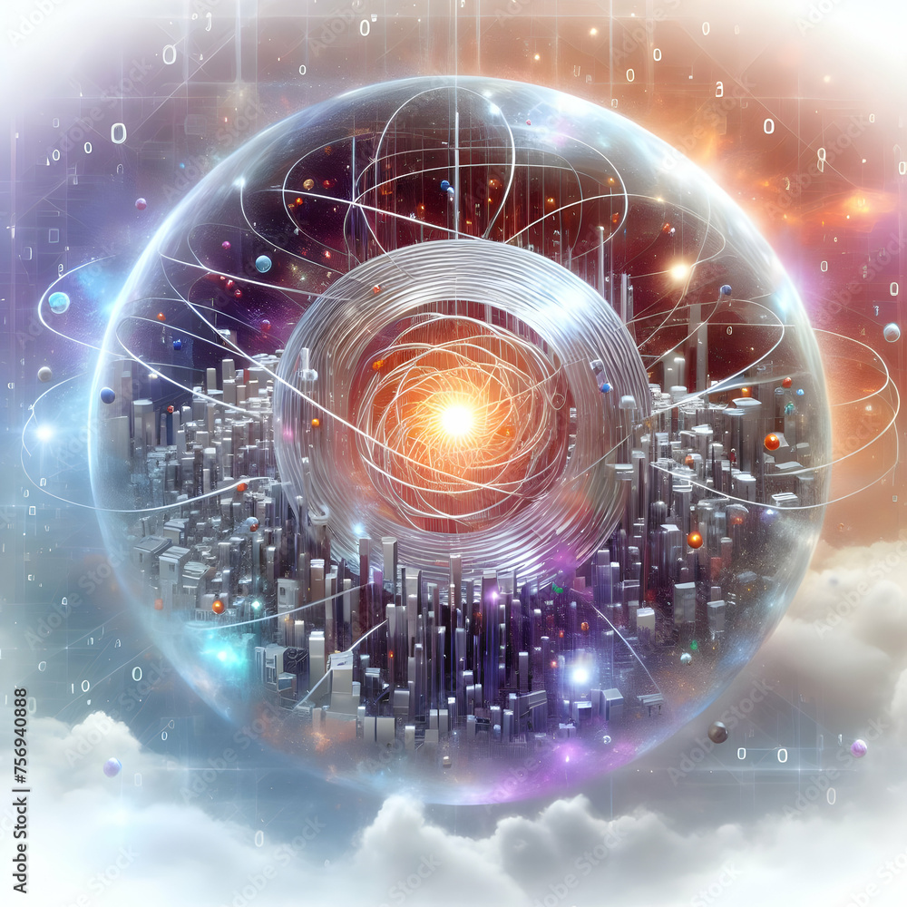 Poster hyper realistic quantum computing cosmos concept quantum bits represented in a cosmic setting with w