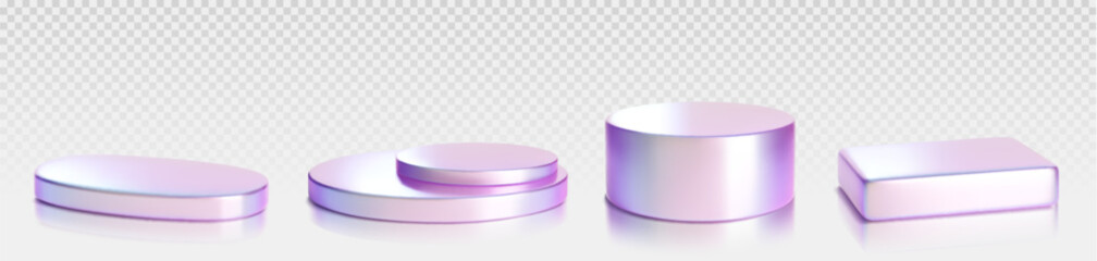 Hologram product podium of cylinder low, middle and two step, rectangular shape for promo and presentation. Realistic 3d vector illustration set of metal goods display platform with holographic effect