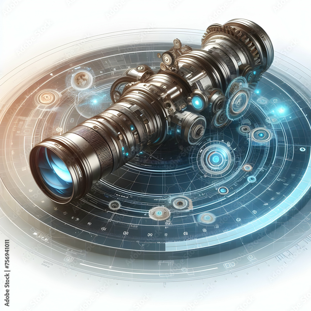 Poster hyper realistic technological telescope concept a telescope interface with digital enhancements with