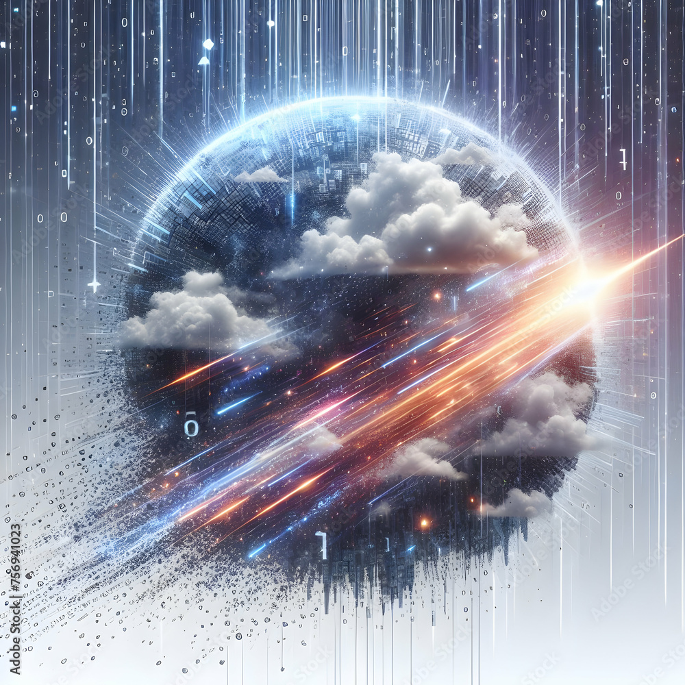 Poster hyper realistic techno-meteor shower concept meteors with a trail of binary code and digital particl