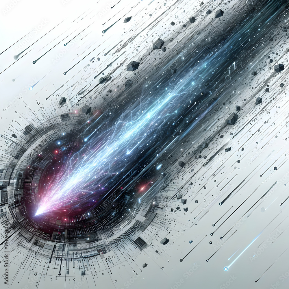 Aufkleber hyper realistic techno-meteor shower concept meteors with a trail of binary code and digital particl