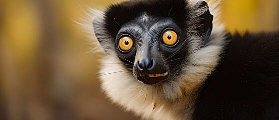 Black lemur  male  portrait Eulemur macaco Madagascar - obrazy, fototapety, plakaty