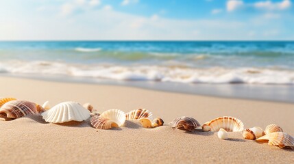Fototapeta na wymiar 砂浜の貝殻のアップ、余白・コピースペースのある海の背景