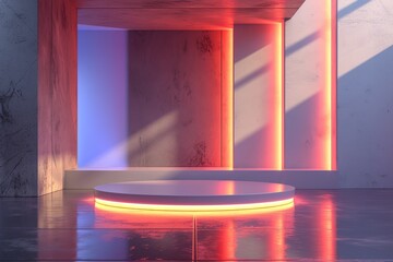 A minimalist podium adorned with holographic displays