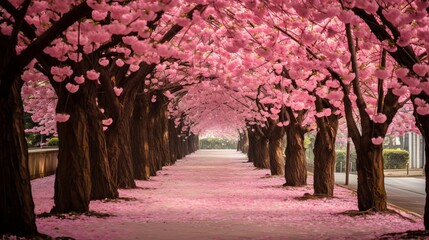 Naklejka premium The enchanting pathway adorned with pink flowering trees.