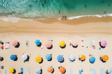 Fototapeta na wymiar Aerial view of people relaxing on the beach Top view from drone Aerial view of sandy beach with colorful umbrellas , Ai generated