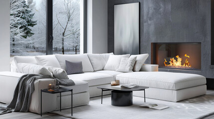 White corner sofa near fireplace. Scandinavian home interior design