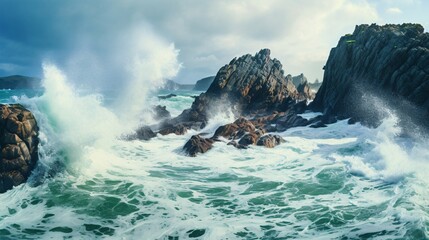 荒磯に波、岩礁と荒波の海の自然背景 - obrazy, fototapety, plakaty