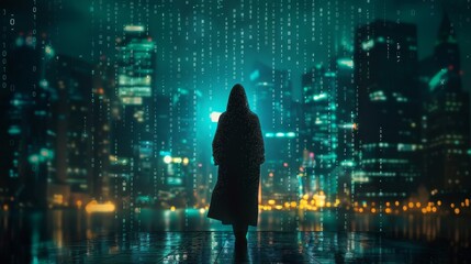 A solitary figure stands in the rain with a digital matrix code cascading down the cityscape background.