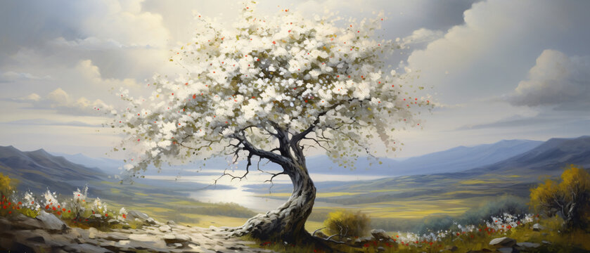 blooming white flower tree in a serene landscape paint