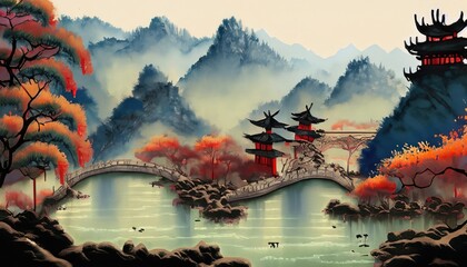Painting of Chinese landscape - obrazy, fototapety, plakaty