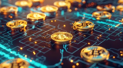 generative AI illustration featuring neatly arranged golden Bitcoin tokens overlaid on a graph depicting market trends, serving as a representation of cryptocurrency investment and financial analysis