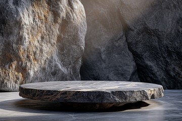 A minimalist podium adorned with natural rock textures