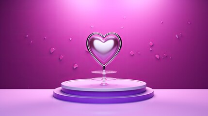 3d heart shape floating above an awarding podium with a plate behind against blank studio purple background for copy space as symbol for quality cardiology medical services or romantic feelings