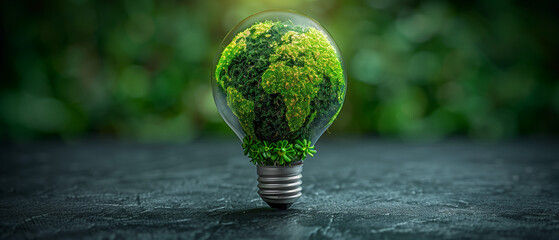 Green World Map On The Light Bulb With Green Background, Renewable Energy Environmental Protection, Earth Day, Renewable Energy. Environmental protection, renewable, sustainable energy sources. Ai 