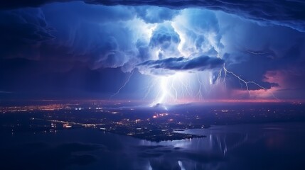 Dramatic background of the night sky, thunderstorm, lightning. Smoke, fog, smog against the background of the city landscape --ar 16:9 --style raw --v 5.2 Job ID: bb9086dc-cb40-4118-b361-a9048a62a574