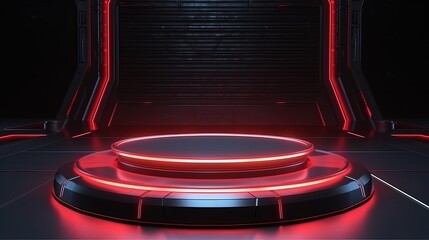 A futuristic technology podium, depicted as a sci-fi futuristic neon stage, offers a visually engaging display.