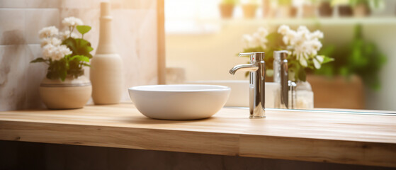 Fototapeta na wymiar Blurred bathroom sink background and counter table top