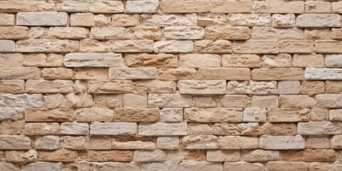 Fototapeta premium Natural beige white stone brick wall texture background banner panoramic panorama