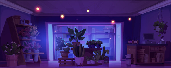 Flower shop interior at night. Cartoon vector illustration of dark empty closed florist store with plants and trees in pots, bouquet on wooden shelf, cash desk and large window with city outside. - obrazy, fototapety, plakaty
