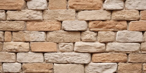 Fototapeta premium Natural beige white stone brick wall texture background banner panoramic panorama