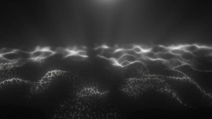 Black and white energy magic digital high tech waves with light rays lines and energy particles. Abstract background