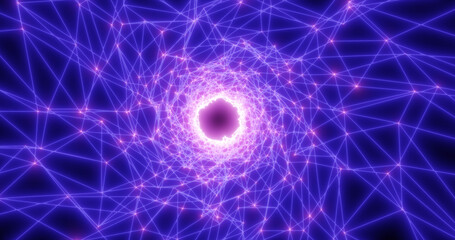Obraz premium Shiny purple energy digital tunnel plexus made of lines and triangles hi-tech futuristic magical glowing bright round frame abstract background