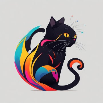 Graphic logo illustration cute black cat, a white solid background