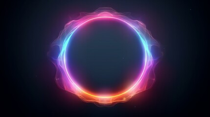 Obraz premium A round mystical portal adorned with neon-colored geometric circles emerges against a dark background, enveloped in futuristic smoke, creating an enigmatic ambiance.