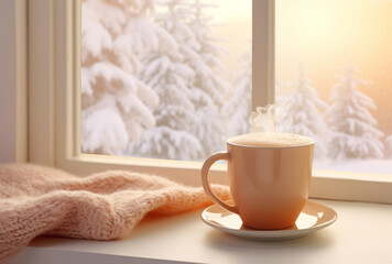 Obraz na płótnie Canvas A cup of hot chocolate stands beside a window, evoking soft, romantic landscapes in light orange and light maroon amidst snow scenes.