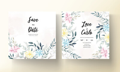 Hand drawn spring flowers and leaves wedding invitation
