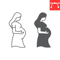 Pregnant woman line and glyph icon, mom day and childbirth, pregnancy care vector icon, vector graphics, editable stroke outline sign, eps 10.