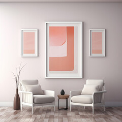 Fototapeta na wymiar A clean room features two gray chairs and a white picture frame, subtly lit, showcasing minimalist line art in light pink and light amber.