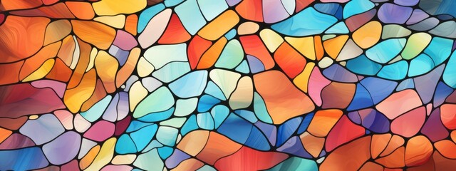 Abstract patterns with colorful shapes present irregular organic forms, stained glass, and colourful mosaics.